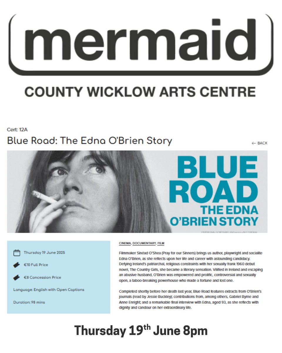 Break Out Pictures (@bopictures) on Twitter photo '#BlueRoad- The Edna O'Brien Story' screens <a href="/mermaidarts/">Mermaid Arts Centre</a> on Thursday 19th June at 8pm
Dont miss this chance to see it on the BIG SCREEN once again 🎫⭐
Tickets now on sale!
mermaidartscentre.ie/whats-on/event… '#BlueRoad- The Edna O'Brien Story' screens <a href="/mermaidarts/">Mermaid Arts Centre</a> on Thursday 19th June at 8pm
Dont miss this chance to see it on the BIG SCREEN once again 🎫⭐
Tickets now on sale!
mermaidartscentre.ie/whats-on/event…