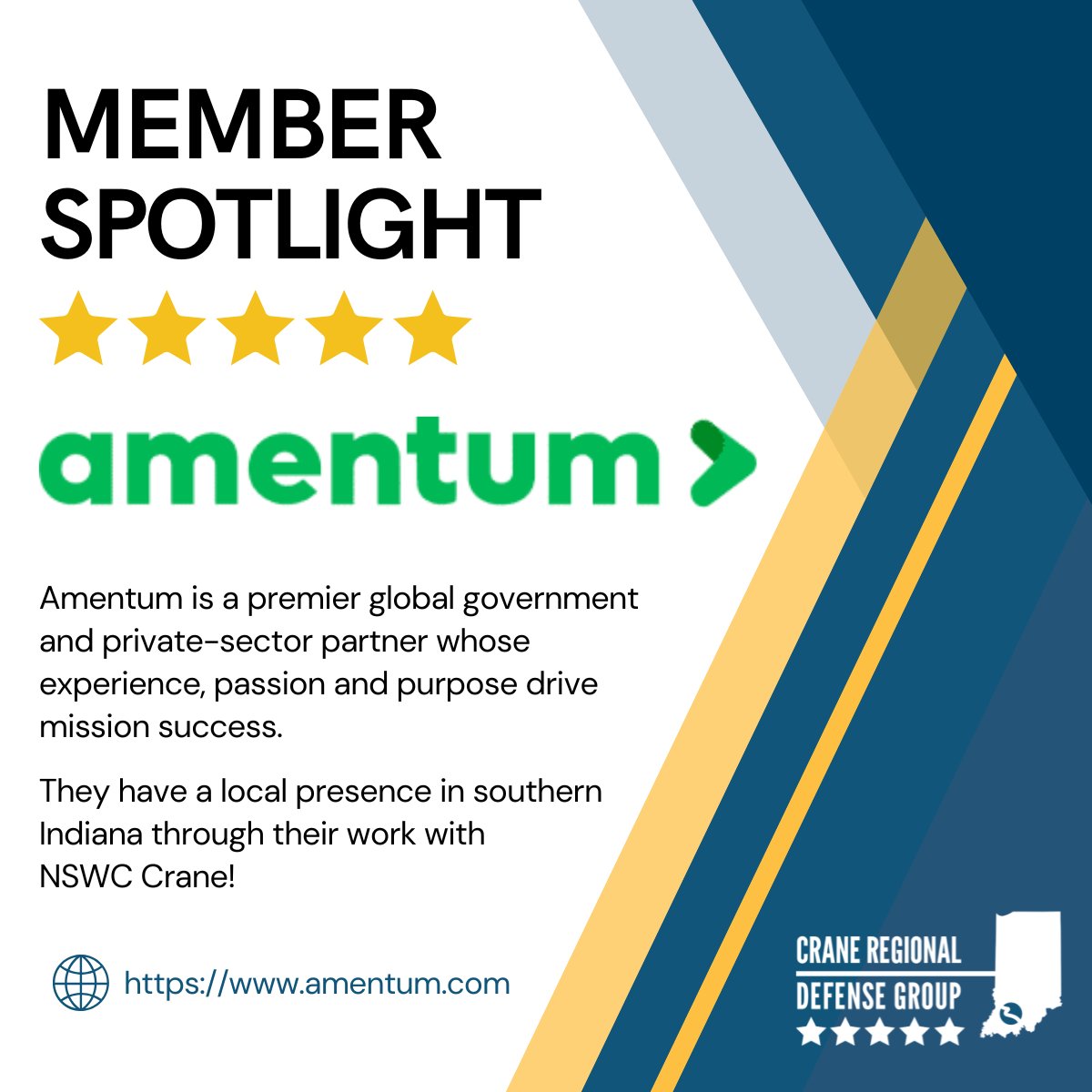 It's Five-Star Friday... We would like to give a shoutout to Amentum for their support and enthusiasm for the southern Indiana department of defense. We could not do what we do without partners like you!amentum.com

Become a CRDG member at craneregionaldefensegroup.org/membership