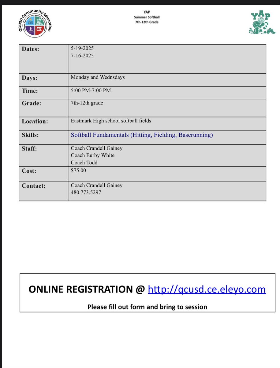 CommEdQCUSD's tweet photo. Do you have softball players that need something to do over summer break? Check out this fun YAP camp on Eleyo! #qcleads @qcusd95 https://t.co/3Z5qwiH69O
