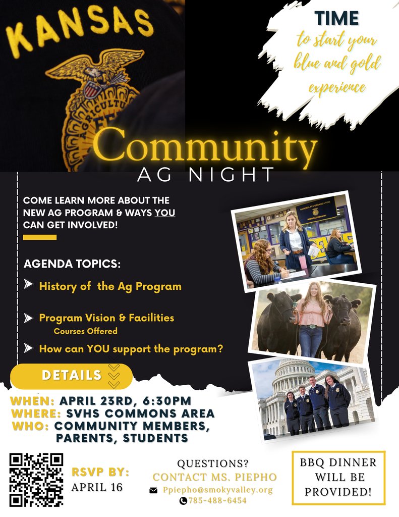 Wednesday, April 23, 6:30pm - SVHS Commons:
Come for the BBQ dinner, stay to learn about the *new* SVHS Ag Program at our Community Ag Night!  All are welcome, but we need to know you're coming, so PLEASE RSVP by Wed, April 16!  bit.ly/SVAgNight25