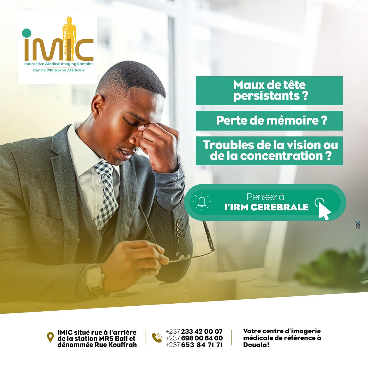 imic_interactiv's tweet photo. Maux de tête persistants ? Perte de mémoire ? Troubles de la vision ou de la concentration ? Ces symptômes peuvent être le signe d’un dysfonctionnement au niveau du cerveau 🧠.
#IMIC #imageriemédicale #IRM #irmcerebrale #douala https://t.co/JAPGRnchDQ