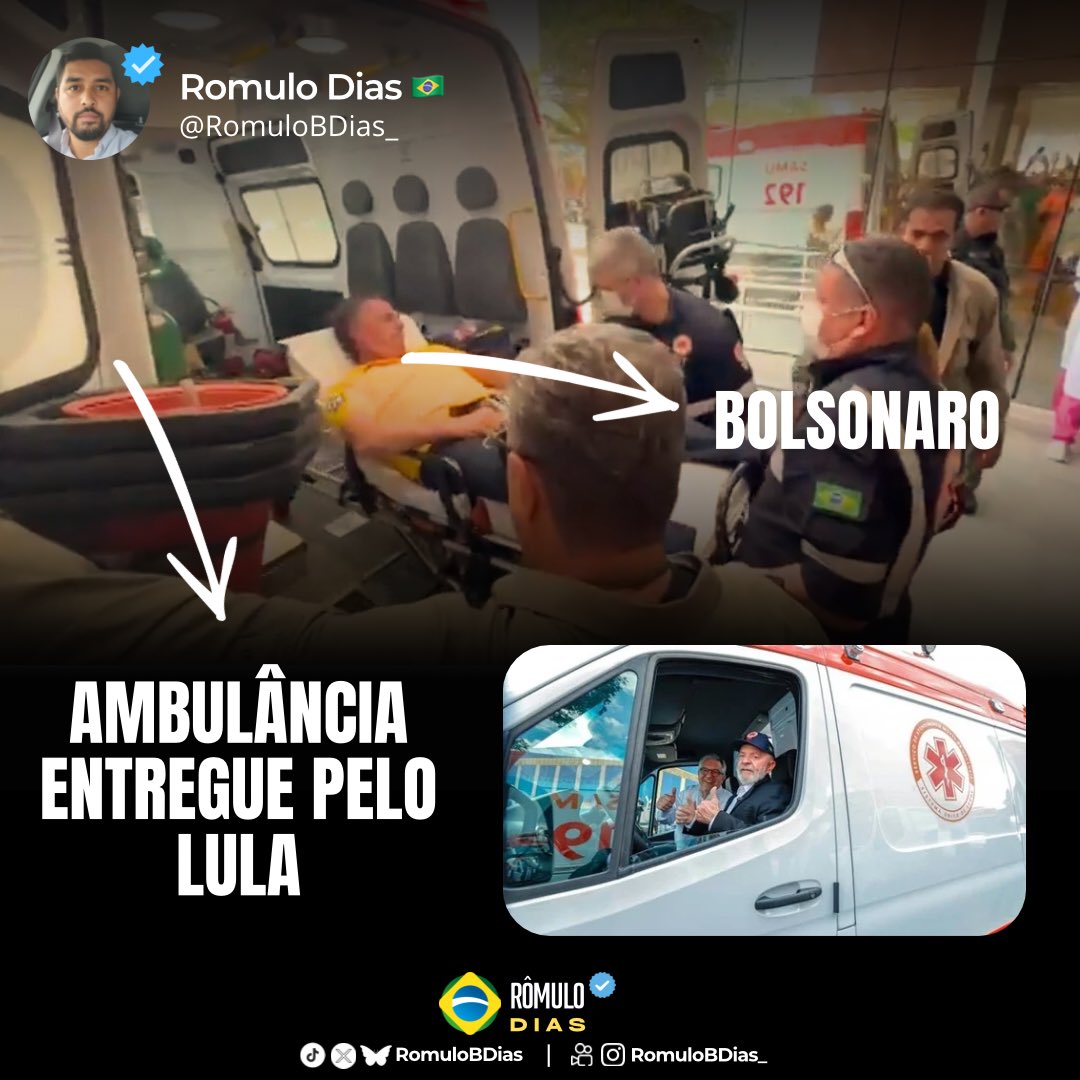RomuloBDias's tweet photo. Bolsonaro foi levado ao hospital por ambulância entregue pelo presidente Lula

LULA SALVOU BOLSONARO https://t.co/WvxUtXreTV