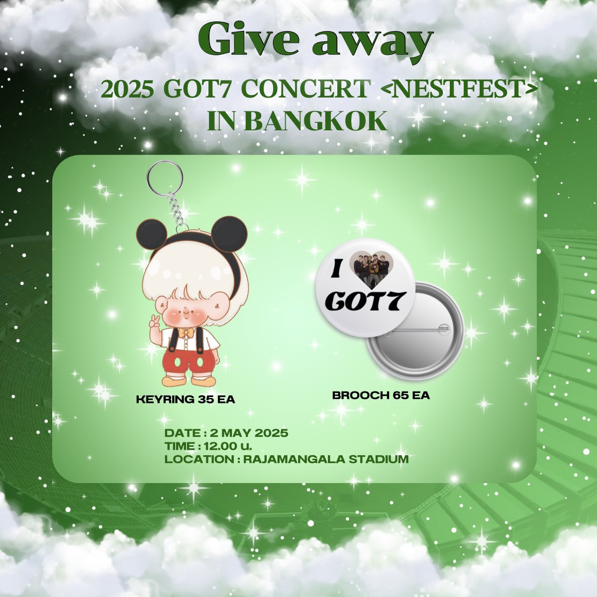 bambam09397's tweet photo. Give away 🫶🏻
GOT7 CONCERT <NESTFEST> in BANGKOK
 #GOT7_NESTFESTinBKK

มารับกันเยอะๆนะคะ ⭐️🥹🙌🏻

🗓️ : 02 May 2025
⏰ : 12:00 น.
📍 :  RAJAMANGALA NATIONAL STADIUM

#GOT7_NESTFEST #GOT7 
#GOT7inราชมัง #GOT7NESTFESTinBKK https://t.co/A8Sb0LWWNS