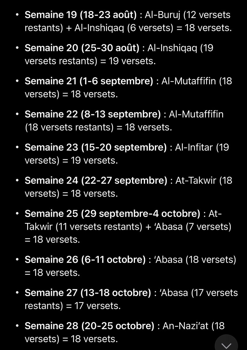 Leynaaazz's tweet photo. Dite vous la si vous apprenez 3 versets par jour sauf le dimanche que vous garder pour réviser. A la fin de l’année vous connaîtrez les 37 sourates de Juzz 'Amma ! Subhan الله délaissez les pertes de temps et faites-en votre objectif principale !

Le programme d’apprentissage : https://t.co/66tsANH8R5