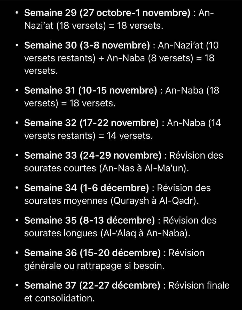 Leynaaazz's tweet photo. Dite vous la si vous apprenez 3 versets par jour sauf le dimanche que vous garder pour réviser. A la fin de l’année vous connaîtrez les 37 sourates de Juzz 'Amma ! Subhan الله délaissez les pertes de temps et faites-en votre objectif principale !

Le programme d’apprentissage : https://t.co/66tsANH8R5
