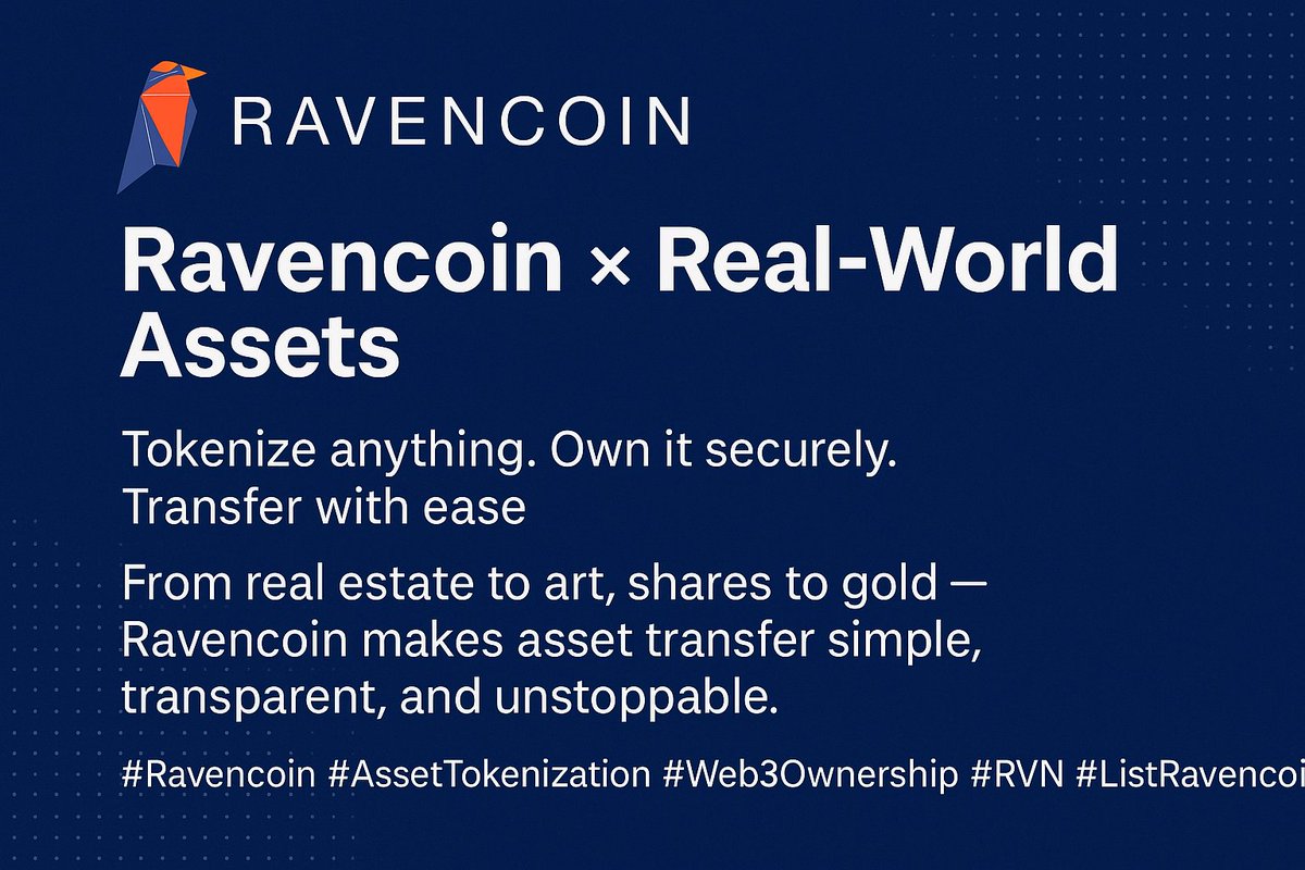 Sportfest2's tweet image. Real-world assets meet blockchain.
Tokenize anything with #Ravencoin — real estate, gold, art, shares.
No gatekeepers. No middlemen.
Just pure peer-to-peer freedom.

#AssetTokenization #RVN #Web3 #CryptoForThePeople #ListRavencoin #Bitcoin