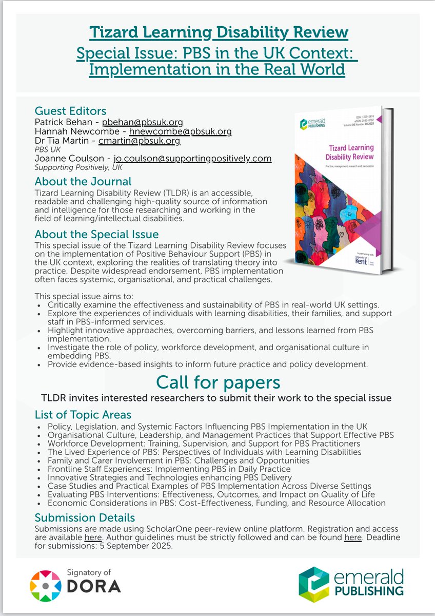 📢 Call for Papers! 
New special issue from Tizard Learning Disability Review
📌 PBS in the UK Context: Implementation in the Real World 
🔍 Practitioners &amp; researchers welcome! 
📥 Details: emeraldgrouppublishing.com/calls-for-pape…
#PBS #BehaviourAnalysis #TizardCentre #Behaviortwitter