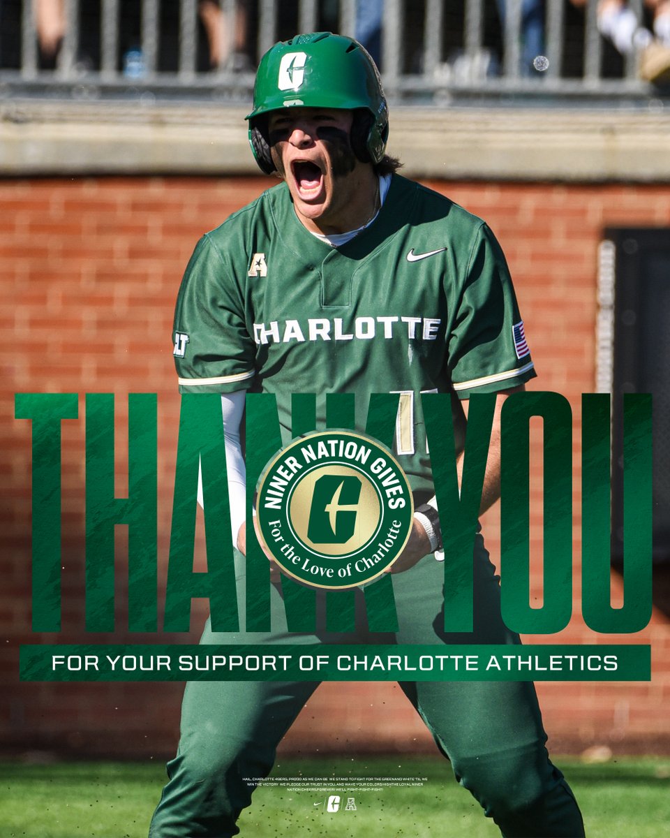 CharlotteBSB's tweet photo. THANK YOU, Niner Nation! 💚⚾️
Your support during #NinerNationGives fuels everything we do on and off the diamond. Because of you, we continue to grow the game, chase greatness, and represent Charlotte with pride.
Together We Rise. 🤙
#GoldStandard⛏️ x #FTLOC https://t.co/M74ljkM8dd