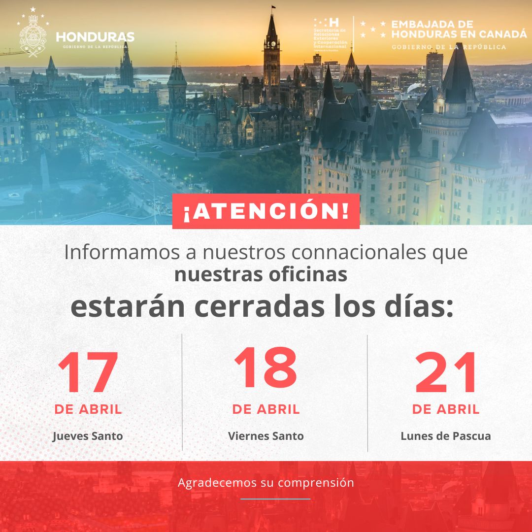 📌| AVISO IMPORTANTE

Estimados, les informamos que nuestras oficinas consulares estarán cerradas los días 17, 18 y 21 de abril por motivo de los feriados de Semana Santa y Lunes de Pascua.

Les agradecemos su comprensión.