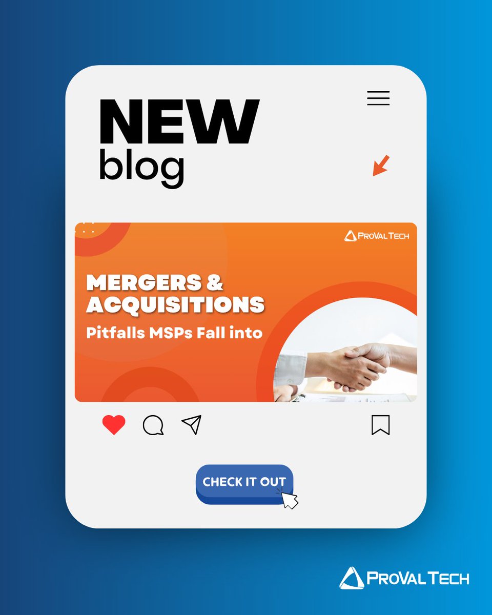 provaltech's tweet image. Part 2 of our MSP M&A blog series is live! We're looking at common pitfalls MSPs run into during mergers and acquisitions and how to avoid them. Go check it out!
👉hubs.la/Q03g_18X0
#MSP #ProValTech #MergersAndAcquisitions
