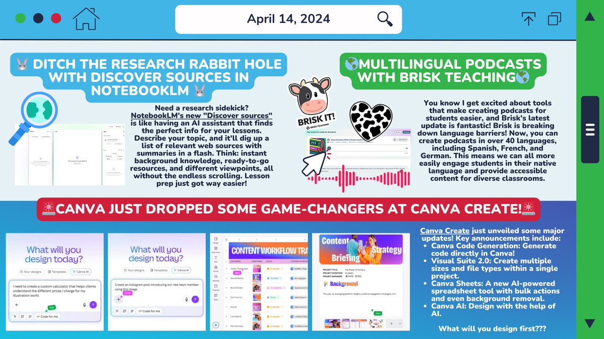 Megan Mongelli (@mongellimegan) on Twitter photo 👀Check out Megan's Megabytes: A Bit of Tech to Try!
🔗 teach.link/MegansMegabytes
🔎 Discover sources in <a href="/NotebookLM/">NotebookLM</a>
🌎Multilingual podcasts with <a href="/briskteaching/">Brisk Teaching</a>
🚨@Canva just dropped some game-changers at #CanvaCreate! 👀Check out Megan's Megabytes: A Bit of Tech to Try!
🔗 teach.link/MegansMegabytes
🔎 Discover sources in <a href="/NotebookLM/">NotebookLM</a>
🌎Multilingual podcasts with <a href="/briskteaching/">Brisk Teaching</a>
🚨@Canva just dropped some game-changers at #CanvaCreate!