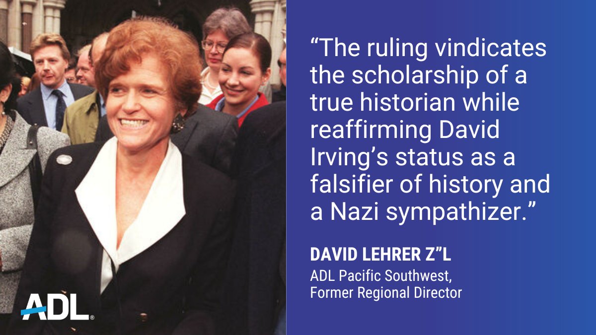 ADL (@adl) on Twitter photo 1/ #OnThisDay 25 years ago, a British court emphatically rejected Holocaust denier David Irving’s claim that distinguished historian <a href="/deborahlipstadt/">Deborah E. Lipstadt</a> libeled him in her 1996 book, "reaffirming David Irving’s status as a falsifier of history and a Nazi sympathizer.” 1/ #OnThisDay 25 years ago, a British court emphatically rejected Holocaust denier David Irving’s claim that distinguished historian <a href="/deborahlipstadt/">Deborah E. Lipstadt</a> libeled him in her 1996 book, "reaffirming David Irving’s status as a falsifier of history and a Nazi sympathizer.”