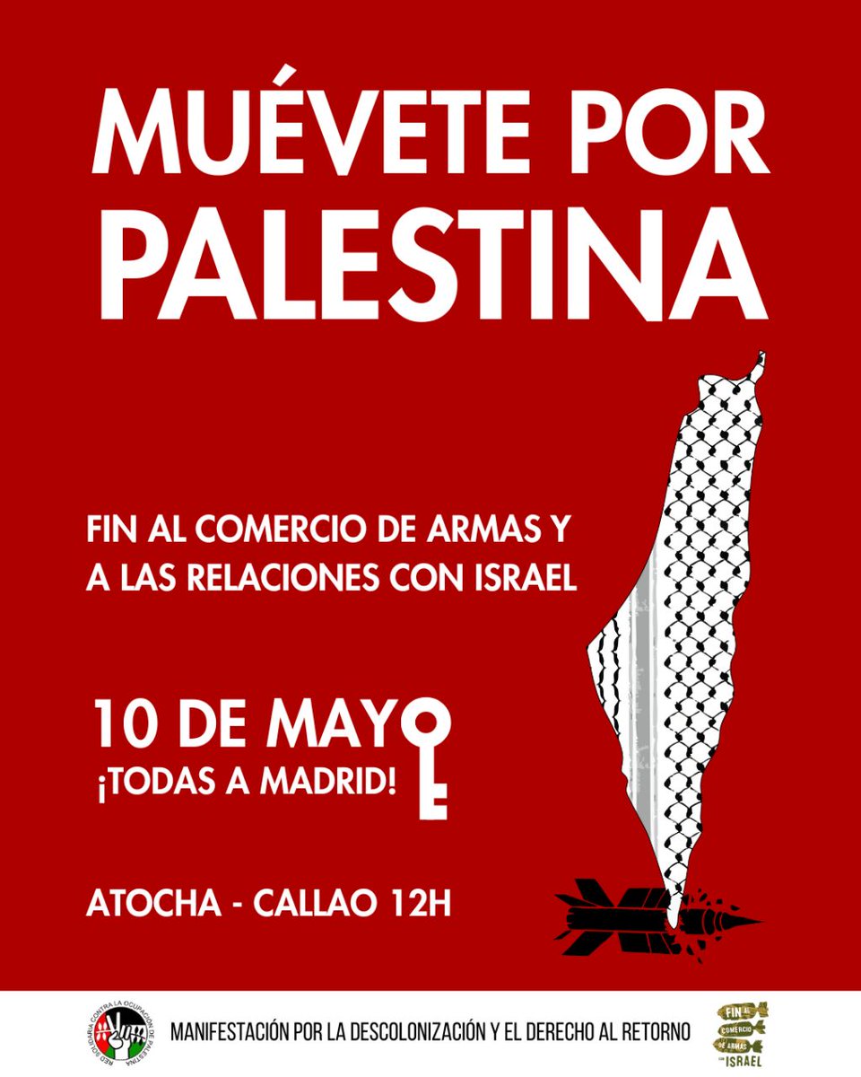 📢MANIFESTACIÓN por PALESTINA 🇵🇸
✊🏿Damos la bienvenida a todos los territorios. 
👭Marchamos juntas 
para llenar las calles de Madrid.
¡Exigimos al gobierno del estado español un embargo de armas total a Israel! 

#MuévetePorPalestina
🚴🚶🚄🚍