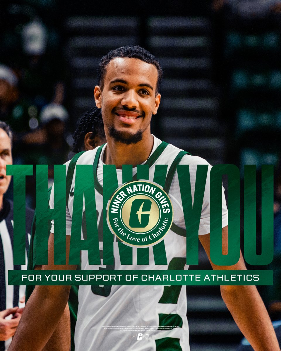 CharlotteMBB's tweet photo. THANK YOU, Niner Nation! 💚🏀
Your support during #NinerNationGives powers our hustle, our drive, and every moment we spend repping Charlotte on the court. Because of you, we keep pushing the standard and rising together.
Together We Rise. 🤙
#GoldStandard⛏️ x #FTLOC https://t.co/yV20ujy1Ef