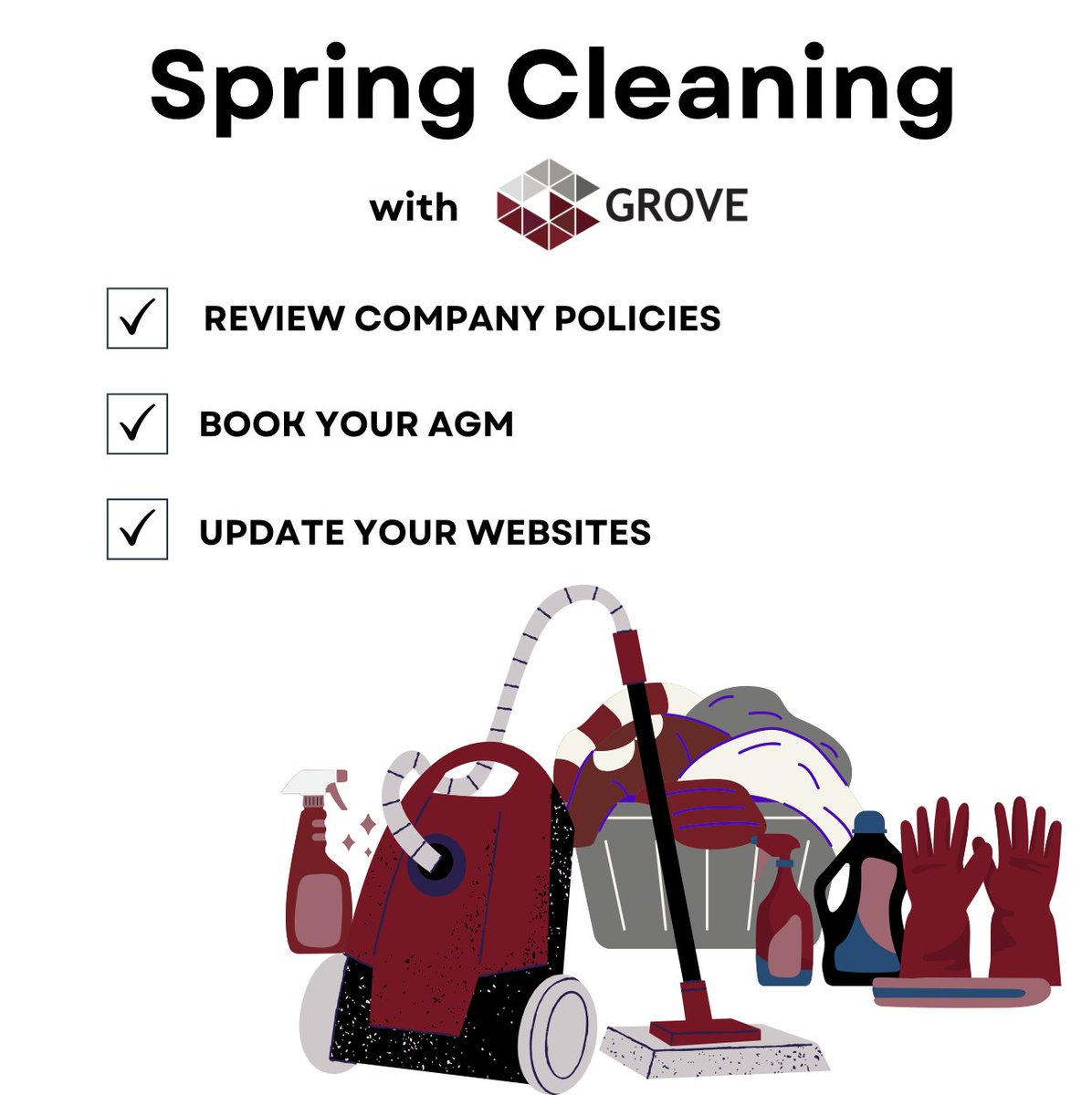It’s that time of the year! As we welcome spring, here’s a small checklist to ensure your business is in top shape:

Get your business spring-ready, let Grove help you! 🌱

#YCOB #SpringCleaning #CorporateServices
