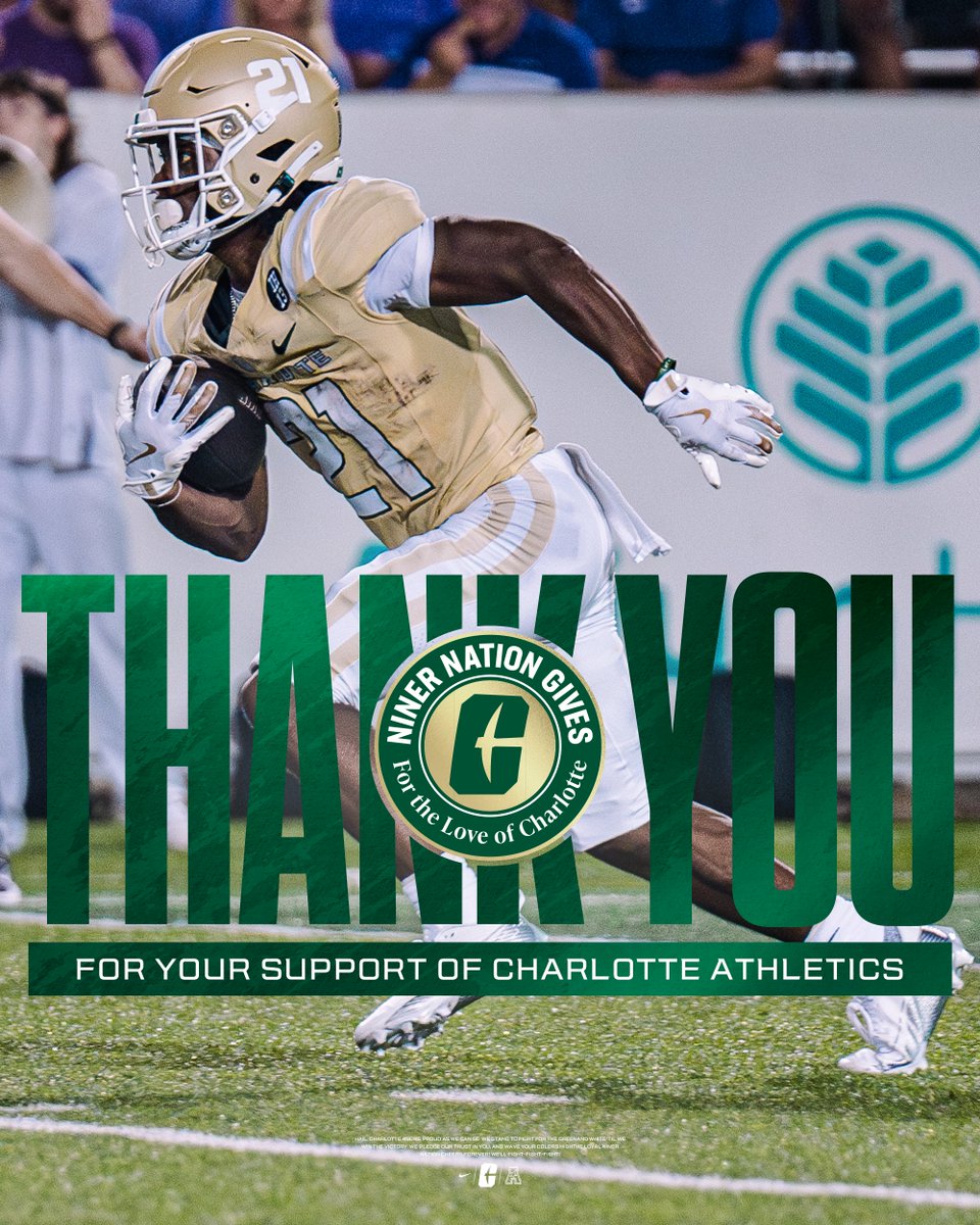 CharlotteFTBL's tweet photo. THANK YOU, Niner Nation! 💚🏈
Your support during #NinerNationGives fuels our fight, our focus, and every snap we take for the 704. Because of you, we continue building something special — brick by brick.
Together We Rise. 🤙
#GoldStandard⛏️ x #FTLOC https://t.co/GW1dHsHXY1
