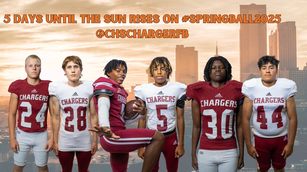 CHSChargerFB's tweet photo. 🌇 5 DAYS AND COUNTING 🌇

A NEW DAY is rising in Central Football.
From the heart of Fort Worth to the soul of our team — the grind never stops!
April 16 marks the start of something special. 🏈☀️

#SpringBall2025 | #CentralChargers | #GetChargedUP| #ChargerNation | https://t.co/ltzP8tC2D7