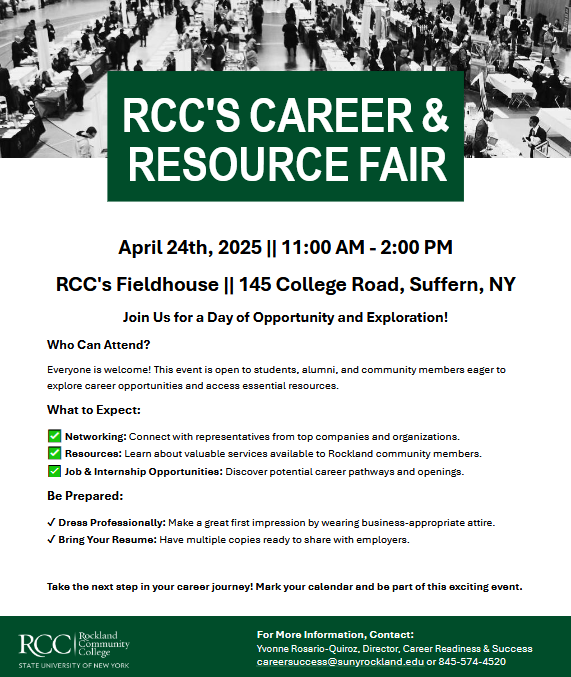 goRCLS's tweet photo. The @SUNYRockland Career & Resource Fair is happening on April 24 from 11AM to 2PM at the RCC Fieldhouse in Suffern. This is a great opportunity to connect w/ employers, explore job & internship openings, & access valuable community resources. Be sure to bring your resume & dress professionally to make a strong impression. #RCCCareerFair #CareerReady #JobOpportunities