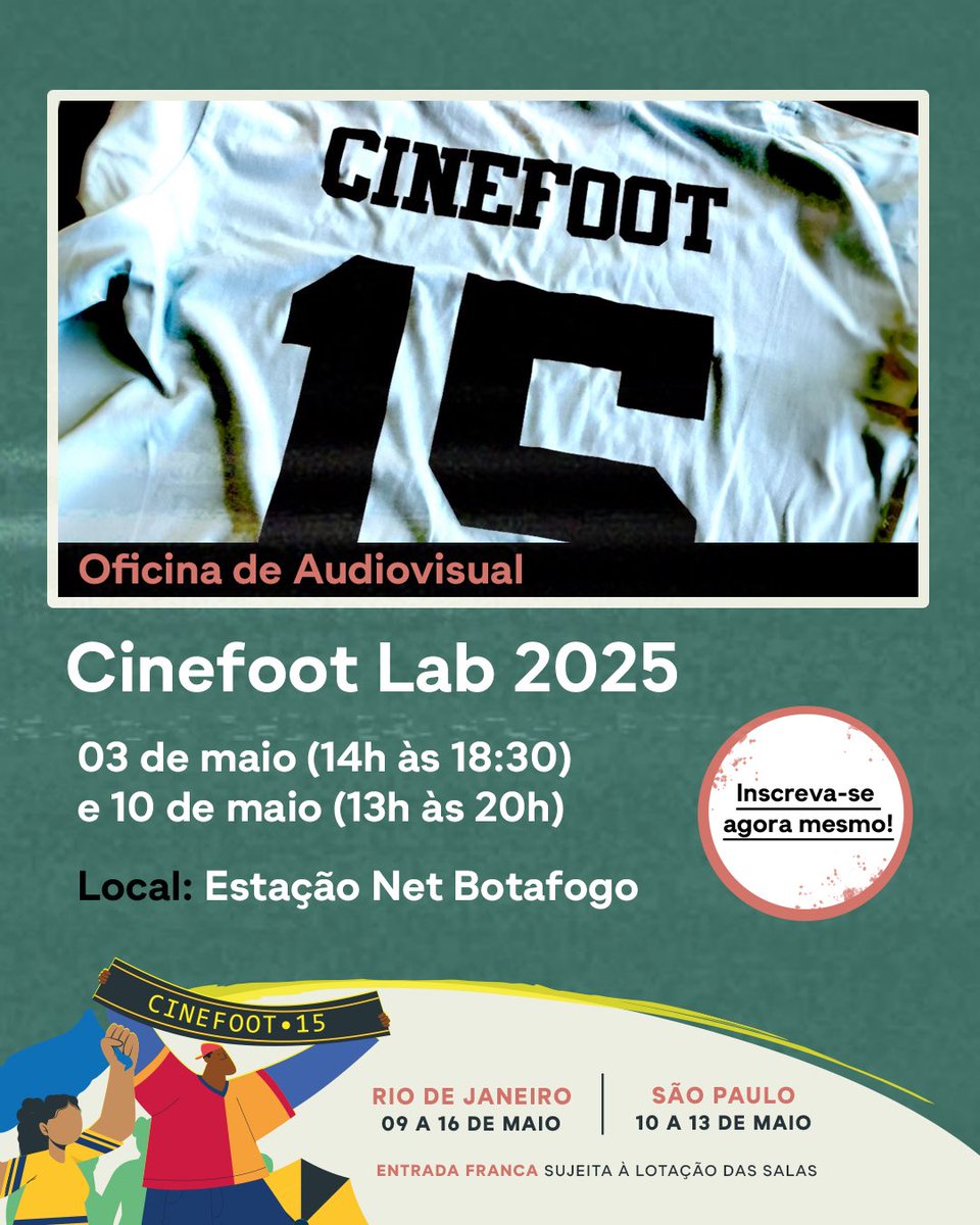 CINEfoot's tweet photo. OFICINA AUDIOVISUAL l CINEFOOT LAB 2025 🎥
 
Quer participar da oficina audiovisual de produção de documentário? 
 
As inscrições são gratuitas, mas as vagas são limitadas! Inscrições até 21/04! ✅

Então corre no link abaixo ⬇️ 
https://t.co/WvGYu9dlM0

#Cinefoot15 #Oficina https://t.co/bhBam2NpWQ