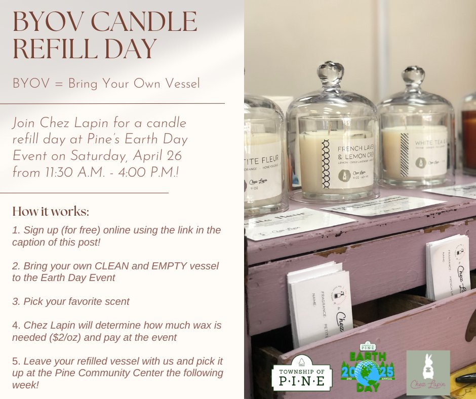 TwpofPine's tweet image. BYOV (Bring Your Own Vessel) to refill your candle with Chez Lapin at Pine’s Earth Day Event on Sat, April 26! 🌍🕯️ Sign up free, choose a scent, and pick up your refill the following week! ♻️✨

Details: chezlapingoods.com/pages/pine-tow…

#PineEarthDayEvent2025 #BYOV #SustainableLiving