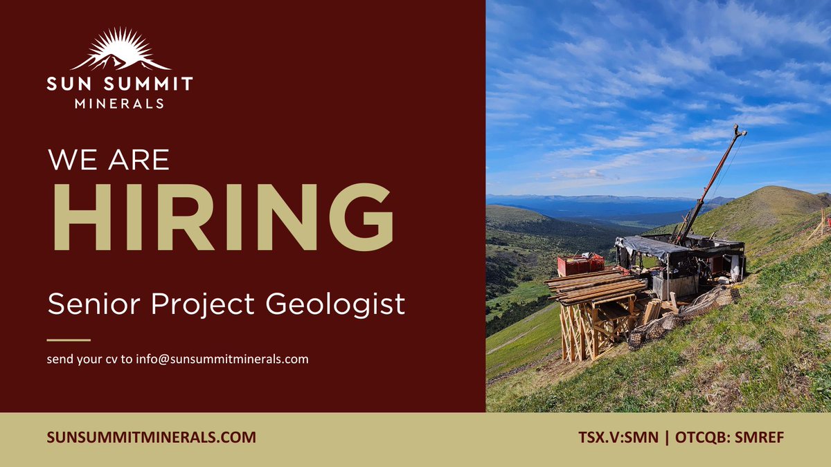 SunSummitMin's tweet photo. 📢 We’re hiring! Sun Summit is looking for a Sr Project Geologist to lead exploration across our portfolio—including the flagship #JDProject in BC’s emerging #Toodoggone District
🔎 See the job description & apply:
https://t.co/GO9R3WTcUK
#gold #copper #silver #BuckProject https://t.co/4MhPR3XJZ1