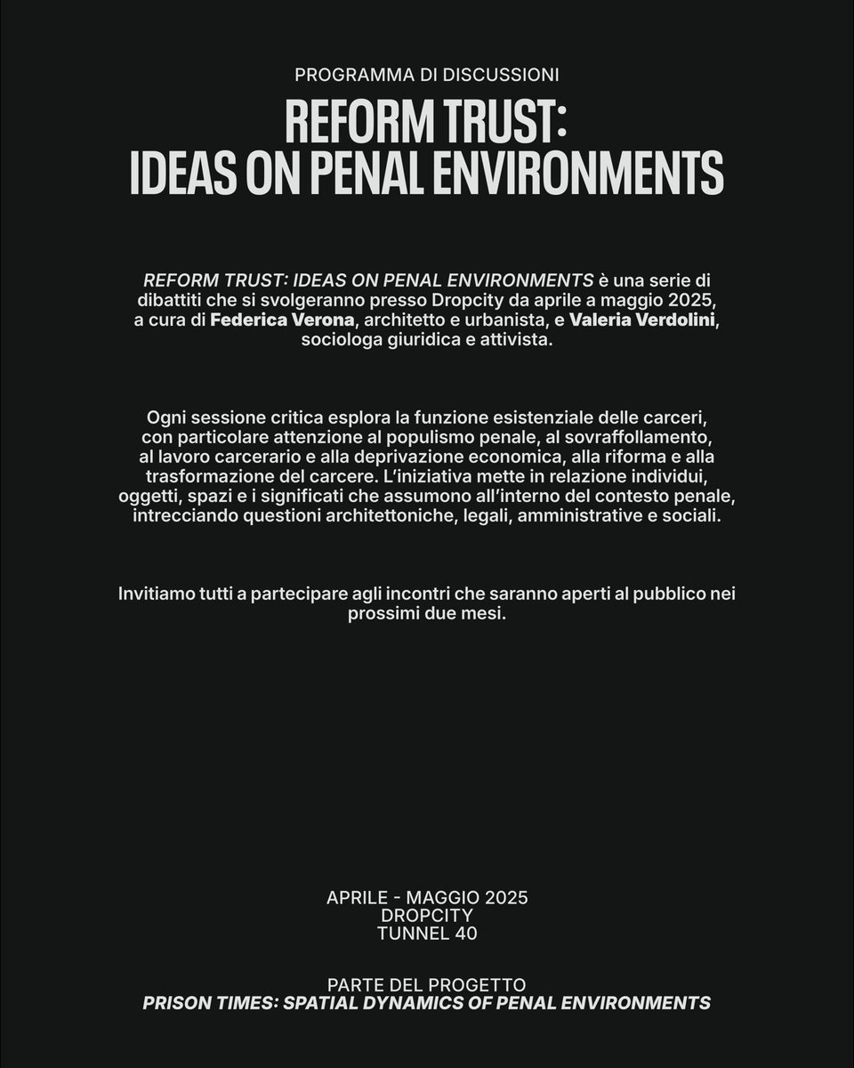 federicavr's tweet photo. “Reform Trust: Ideas for Penal Environments” è un ciclo di incontri che insieme a @verdurini ho il piacere di curare per #DropCity. Indagheremo la funzione esistenziale delle prigioni, intrecciando questioni giuridiche, politiche, amministrative e sociali. Domani il primo. https://t.co/5KpHoMBxx9