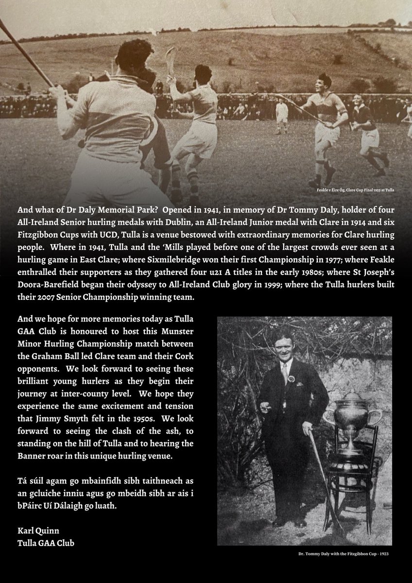 GaaClare's tweet photo. Intercounty Hurling returns to Tulla tomorrow for the meeting of Clare and @OfficialCorkGAA in the @ElectricIreland Munster Minor Hurling Championship . The renowned Dr. Tommy Daly Park is often thought of as the spiritual home of Clare Hurling and, just as in days past, a cracking atmosphere lays in wait tomorrow . Well done to all in @TullaGAAClub for their wonderful work. 

@MunsterGAA #WeAreTheBanner