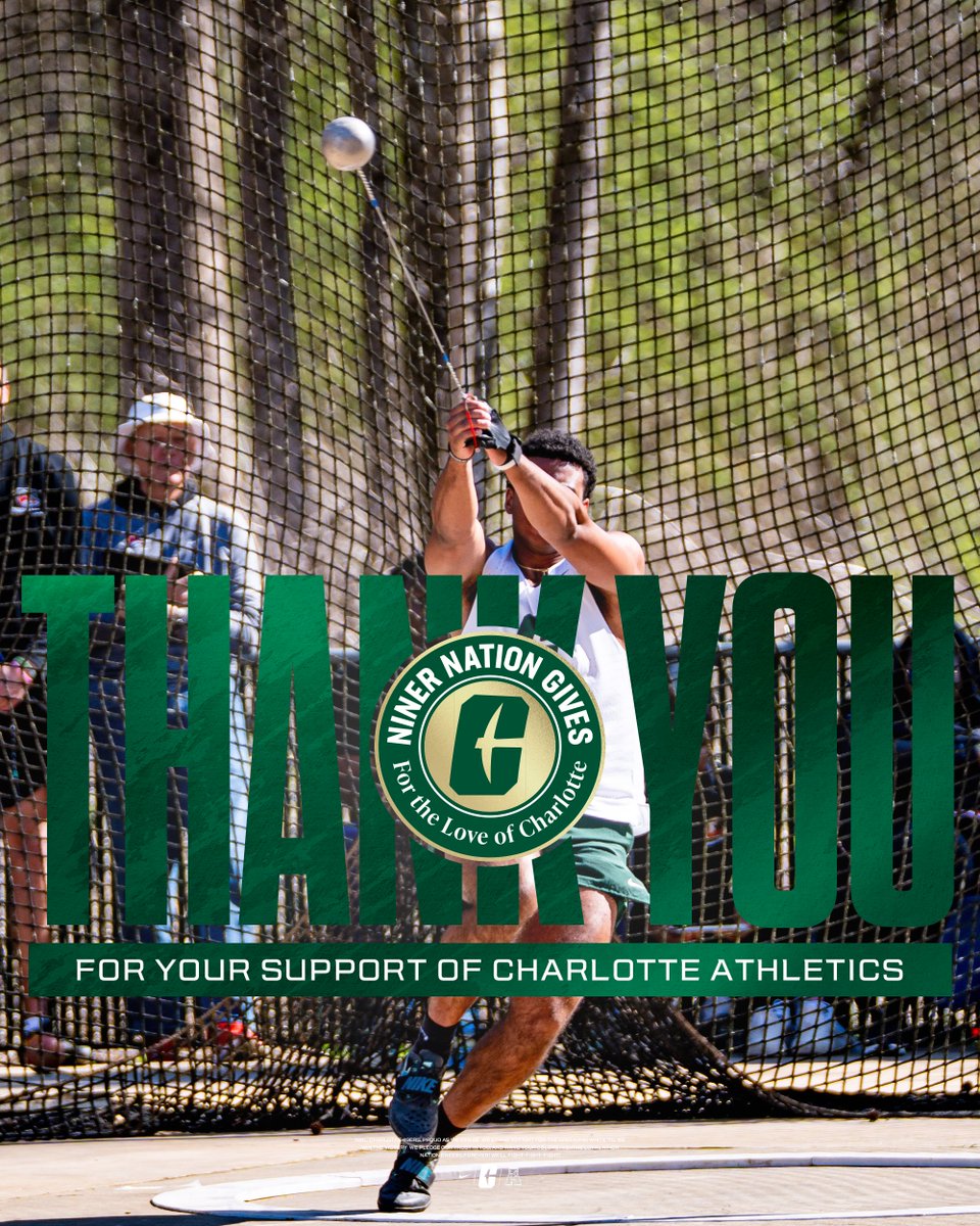 CharlotteTFXC's tweet photo. THANK YOU, Niner Nation! 💚👟
Your support during #NinerNationGives pushes us to go further, run faster, and compete harder — every lap, every jump, every throw. Because of you, we chase greatness with purpose and pride.
Together We Rise.🤙
#GoldStandard⛏️ x #FTLOC https://t.co/2IVOzKdoVm