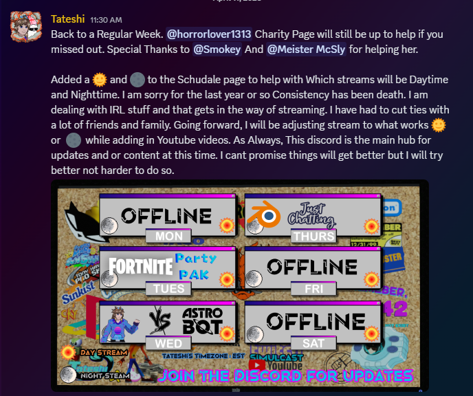 Tateshi_vr's tweet photo. Quick Update from the Discord about Stream https://t.co/JeYs4jzr4u