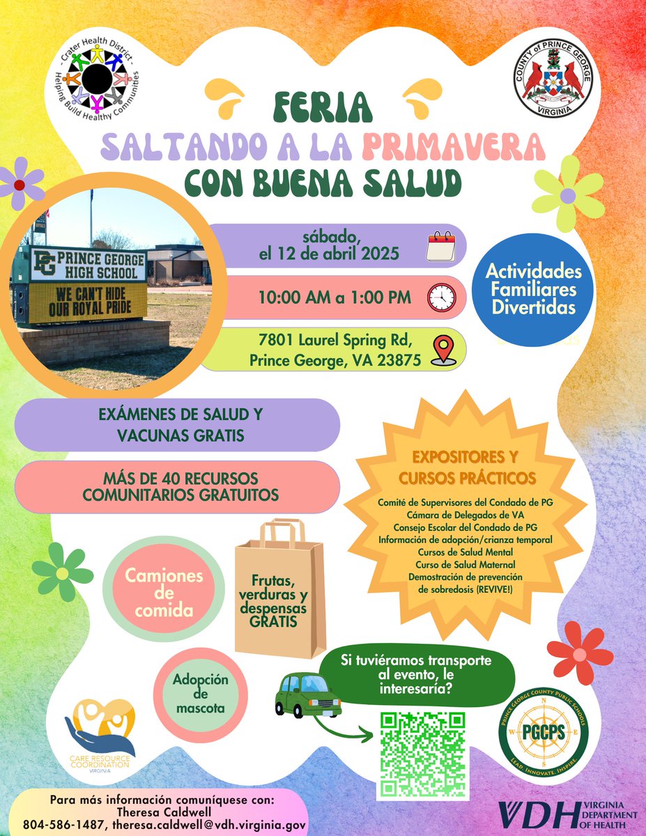 Let's celebrate National Public Health Week! The "Spring into Great Health" Fair will be on Sat., 4/12/25, 10 am - 1 pm at Prince George HS, 7801 Laurel Spring Road, Prince George, VA 23875. Free health services, workshops, free grocery giveaway, &amp; over 60 community resources.