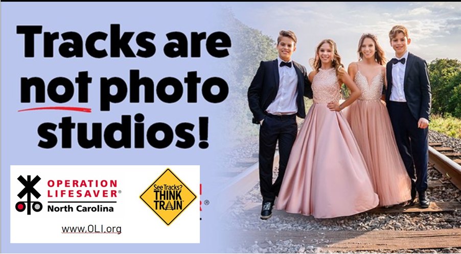 OL_NC's tweet image. It's #Prom time, and where you take #photos is very important! NEVER use #railroadtracks as a photo backdrop! It's #Dangerous and #Illegal #StayOffStayAwayStay Safe #NCHSAA #NCISAA #BeRailSafe #OLI  #NCGHSP