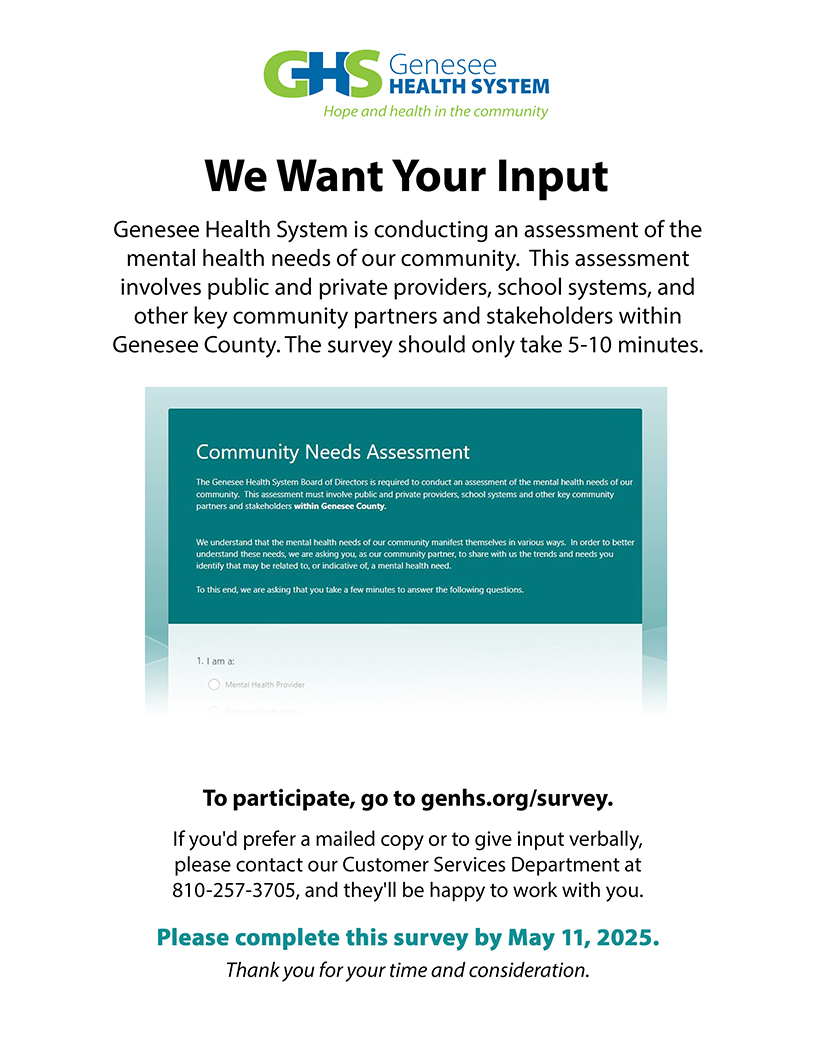 We value our community’s insight. GHS would appreciate your time in filling out a community feedback survey before it closes on May 11th. genhs.org/survey

#shortsurvey #communityfeedback #mentalhealthsupport