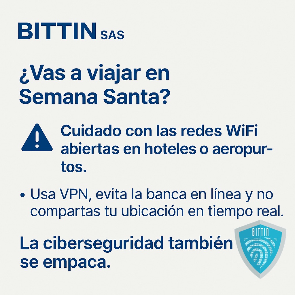 BITTINSAS's tweet photo. ¿Vas a viajar en Semana Santa?
Cuidado con las redes WiFi abiertas en hoteles o aeropuertos.
Usa VPN, evita la banca en línea y no compartas tu ubicación en tiempo real.

La ciberseguridad también se empaca.
#Ciberseguridad #SemanaSanta #BITTIN https://t.co/hp4mivmF9B