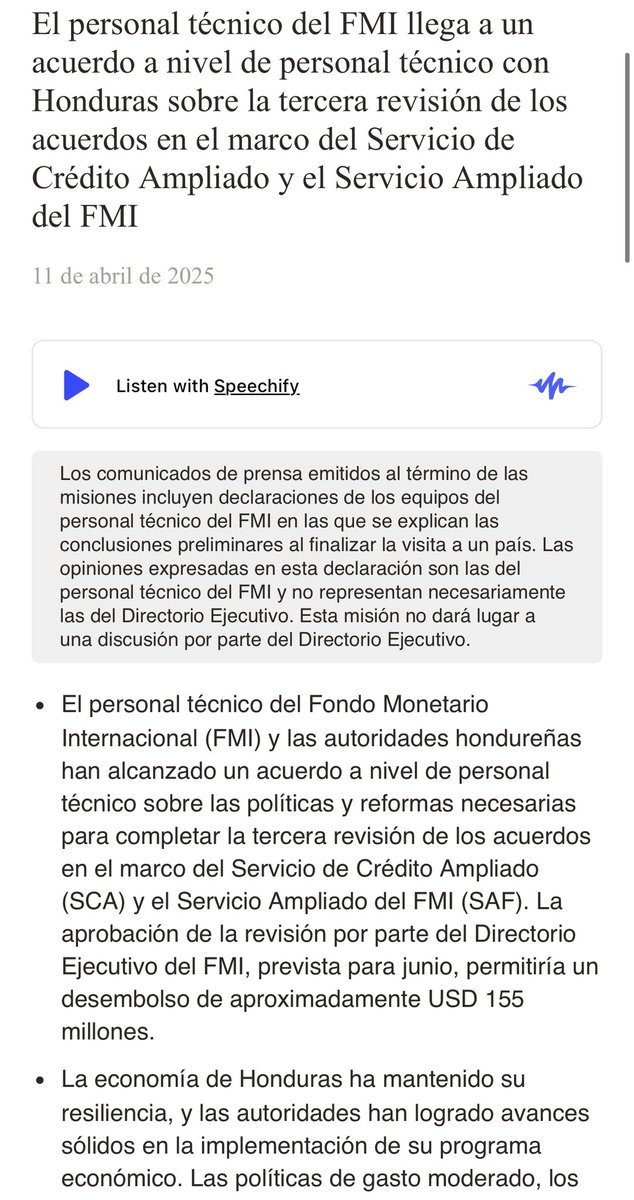 ChristianDCHn's tweet photo. Me complace informar al pueblo que Honduras logró cumplir satisfactoriamente la 3ra revisión y un acuerdo a nivel de staff con el FMI. Una vez aprobado por el Directorio en junio, permitirá un desembolso de $155 millones. Entre otros, el programa reconoce y destaca:

- Un crecimiento económico sostenido por 3 años consecutivos y proyecta su continuidad en 2025, acompañado de una baja inflación y estabilidad macroeconómica.
- Una sustancial reducción de la pobreza relativa en 10.7% y de la pobreza extrema en 13.6%, impulsada por los programas del gobierno: subsidios, transferencias, apoyos productivos.
- El éxito mostrado por el ambicioso programa de rescate e inversión de la ENEE con reducción costos, de pérdidas y de tarifas.
- La sólida inversión pública con prudencia fiscal que ha permitido contener el endeudamiento público y recibe el respaldo de organismos como CEPAL y de la banca multilateral como BM, BID, CAF y BID.

Gabinete Económica brindará conferencia de prensa en Casa Presidencial a las 12 del mediodía día para brindar más detalles a la prensa y al público.