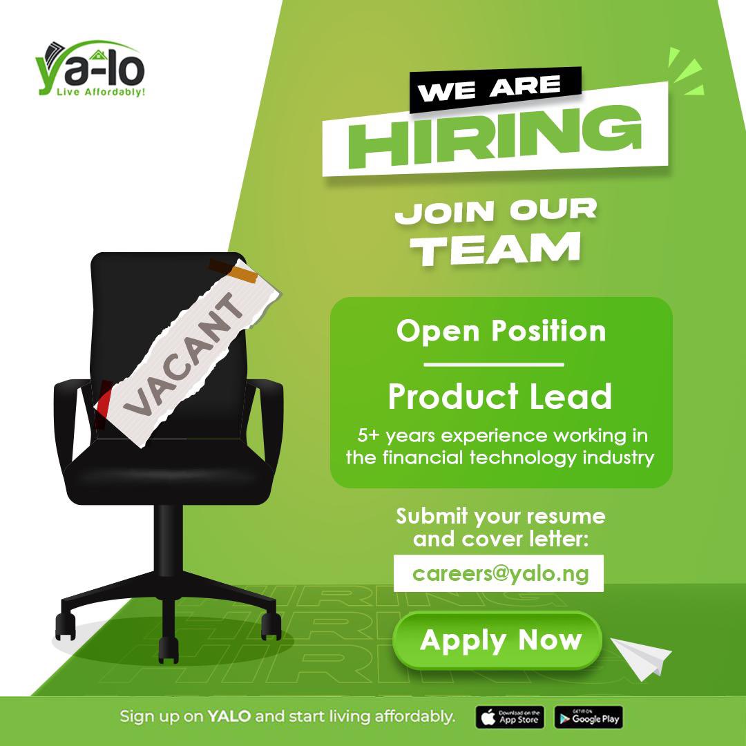 YaloAfrica's tweet photo. We are hiring!!!!

Are you a Product Lead with a passion for fintech? We want you on our team!

We need a Product Lead with 5+ years ready to join our innovative team here at YALO.

To apply, send your resume to careers@yalo.ng

#hiring #productlead #fintech #jobopportunity https://t.co/gbI9Wm29sV