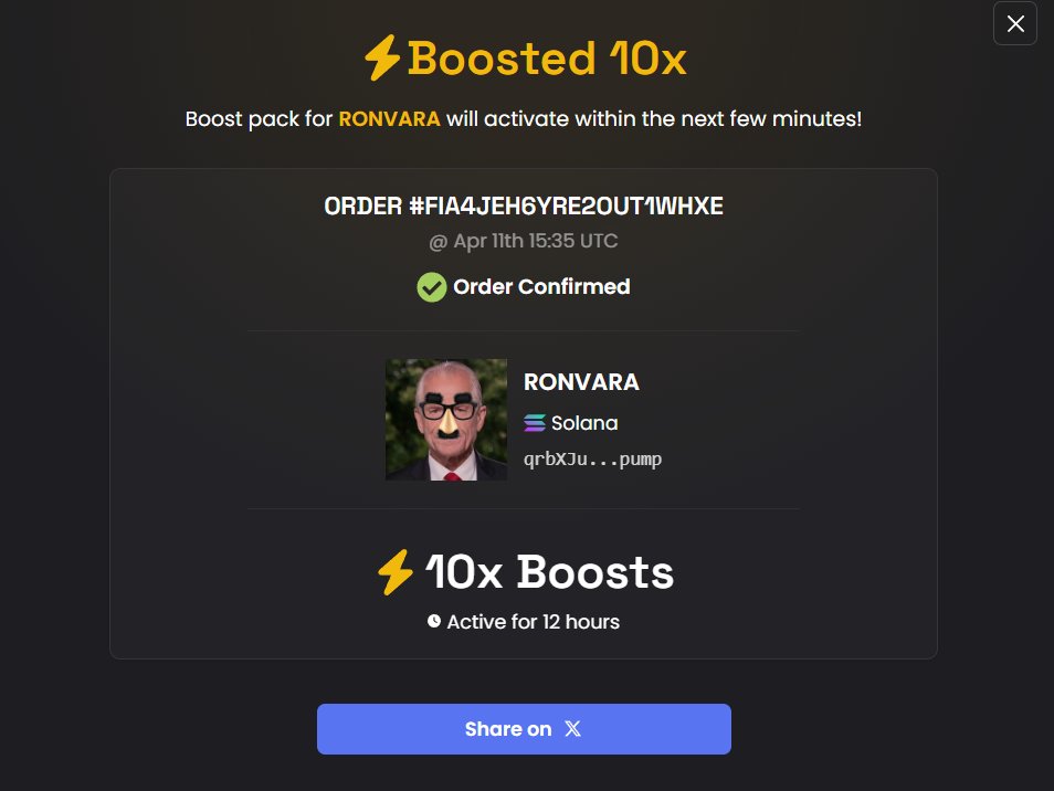RONVARA_CTO's tweet photo. Boosted 10X , send to the moon🚀🚀🚀
#ronvara #solanamemecoin https://t.co/1JTGtbQxOb