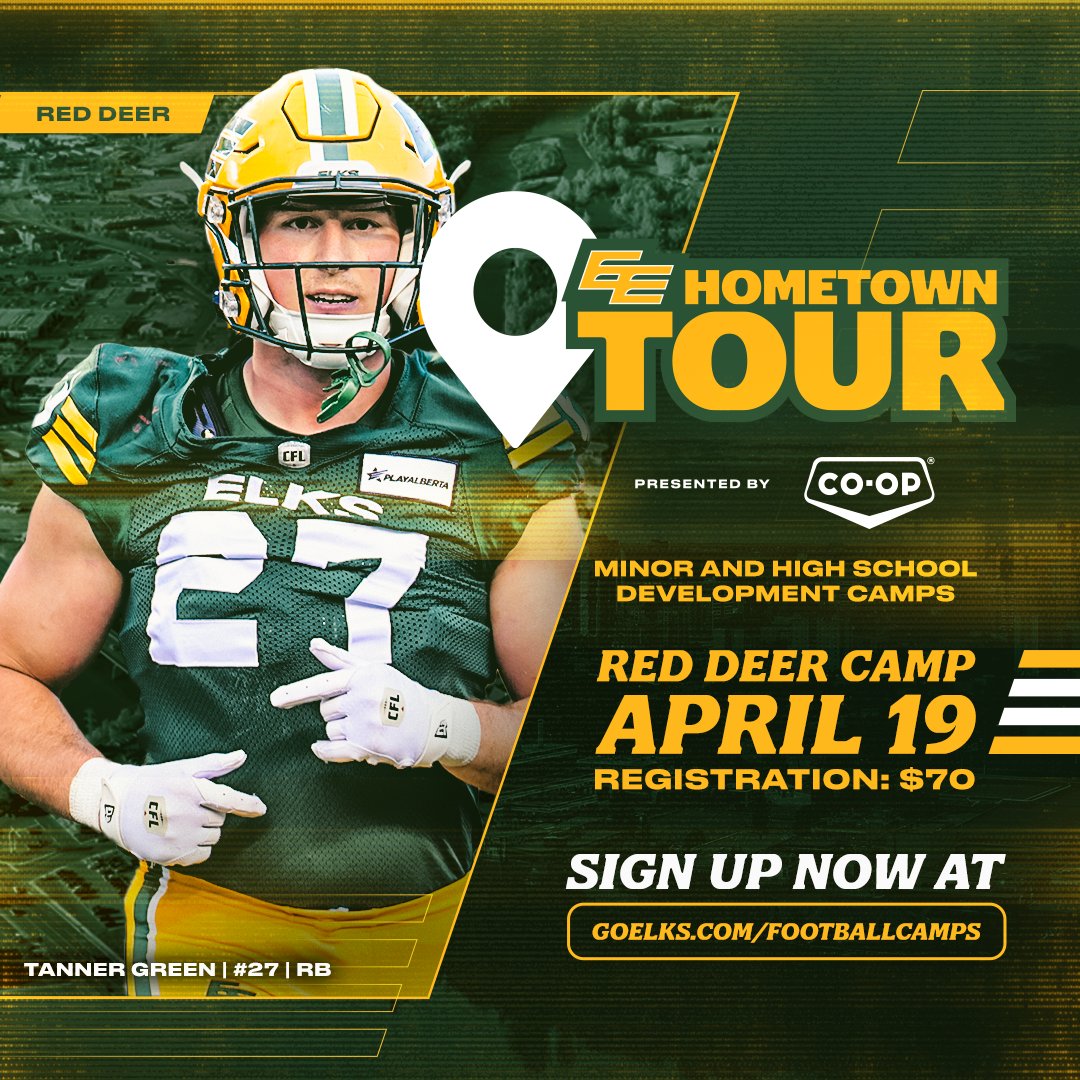 Edmonton Elks (@goelks) on Twitter photo RED DEER, We're coming to you next weekend!
Join us Saturday April 19 to learn from EE players Tanner Green, David Beard, & more! This camp is open to players ages 11-18. Register now to secure your spot β¬οΈ
FULL DETAILS | goelks.com/hometowntour/
#GoElks x <a href="/NCCoop_AB/">North Central Co-op</a> RED DEER, We're coming to you next weekend!
Join us Saturday April 19 to learn from EE players Tanner Green, David Beard, & more! This camp is open to players ages 11-18. Register now to secure your spot β¬οΈ
FULL DETAILS | goelks.com/hometowntour/
#GoElks x <a href="/NCCoop_AB/">North Central Co-op</a>