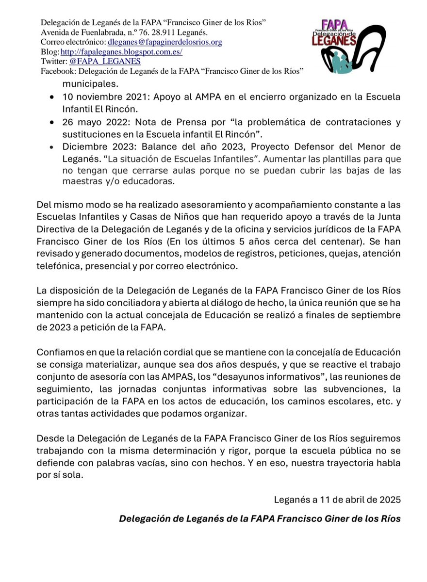 Desafortunadas declaraciones de la concejala Educación <a href="/AytoLeganes/">Ayuntamiento de Leganés</a> 

Ante las recientes declaraciones en un medio de comunicación por parte de la concejala Educación nos vemos obligados a mostrar nuestro absoluto desacuerdo y rechazo respecto a las consideraciones vertidas