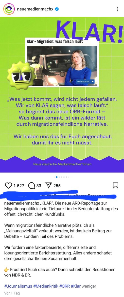 Es ist unglaublich, die "Neuen deutschen Medienmacher*innen", diese durch Steuergeld finanzierte NGO, ruft dazu auf, fleißig Mails an BR + NDR zu schreiben, damit wir Druck bekommen. Weil unser neues Format ja so migrationsfeindlich sei. Sorry, aber das hat schon ein Geschmäckle.