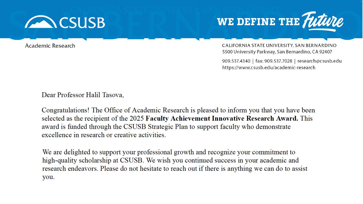 I am honored to receive the 2025 Faculty Achievement in Innovative Research Award at California State University-San Bernardino! I am grateful for the support as I continue my work in mathematics education.