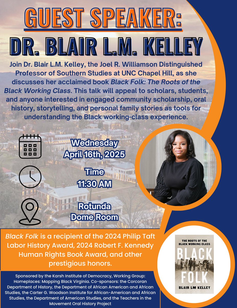 teachersinthemo's tweet photo. UVA's own Professor Blair L.M. Kelley will discuss her award-winning book, Black Folk: The Roots of the Black Working Class. See you there! @UVA_History @WoodsonUVA @AMST_UVA @UVAEdu @uvapress @UVASociology @UvA_Anthro @PoliticsUVA https://t.co/brkSGUmEtQ