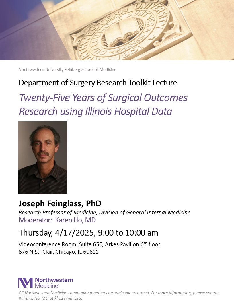 Northwestern Surgery (@nmsurgery) on Twitter photo Join us Thursday, May 17 for the <a href="/NMSurgery/">Northwestern Surgery</a> Research Conference Toolkit Lecture. Presenter will be Joseph Feinglass, PhD. Moderator will be <a href="/karenholab/">Karen J. Ho, MD</a> . <a href="/intmed/">vinay prabhakran</a> Join us Thursday, May 17 for the <a href="/NMSurgery/">Northwestern Surgery</a> Research Conference Toolkit Lecture. Presenter will be Joseph Feinglass, PhD. Moderator will be <a href="/karenholab/">Karen J. Ho, MD</a> . <a href="/intmed/">vinay prabhakran</a>