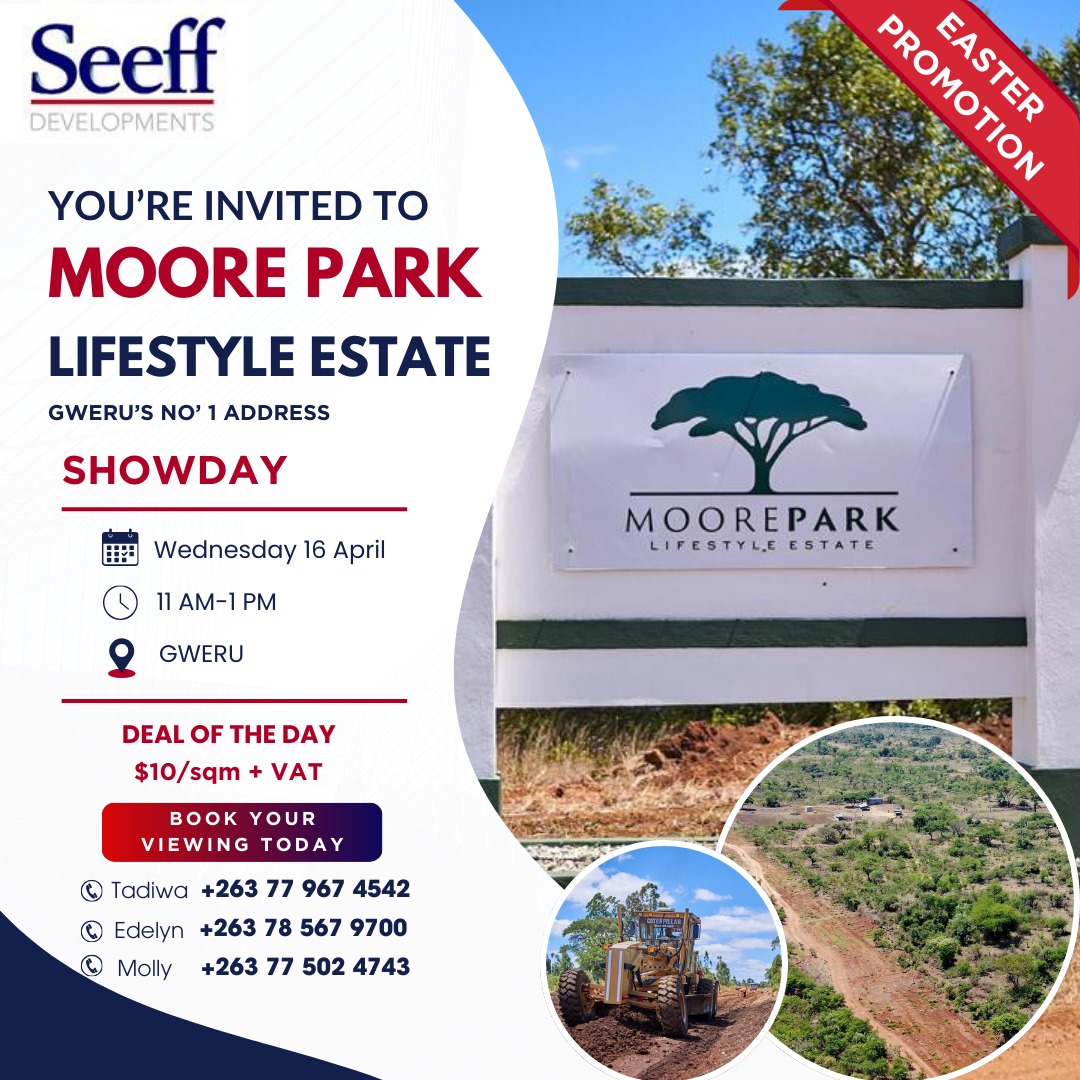 **OPEN DAY ALERT**

#GWERU we are with you next week for an amazing Show Day showcasing the incredibly stunning Moore Park LifestyleEstate, Gweru's No1 address. Come join us and take advantage of the fantastic *offer of the day* of $10 per square metre. Contact us TODAY
