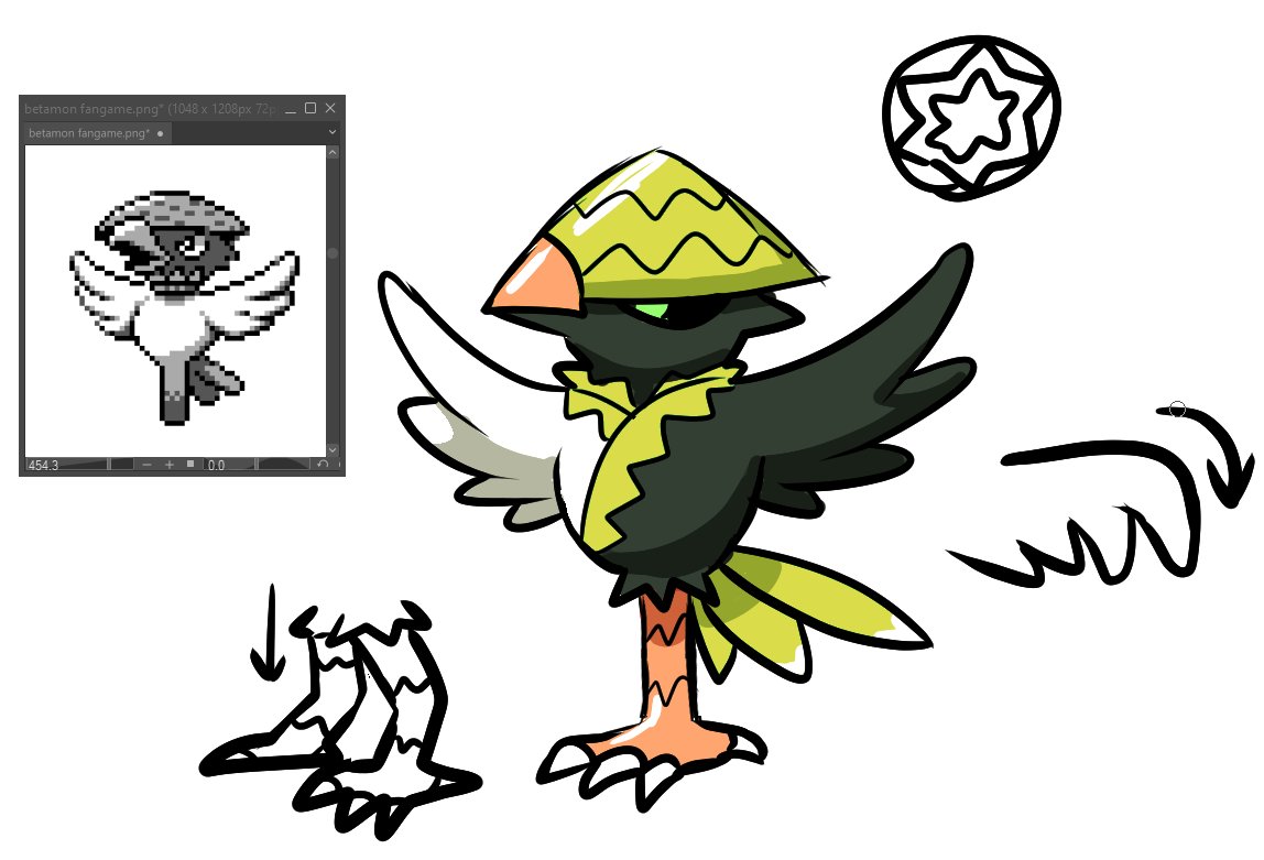 ImaginatorDX's tweet photo. Redesign du bêtamon épouvantait terminé, de type Vol, Plante, je vous laisse imaginé un petit nom. 🐦🌱#art #PokemonLegendsZA #fakemon #betamon #fangame https://t.co/XDXd7doFHS