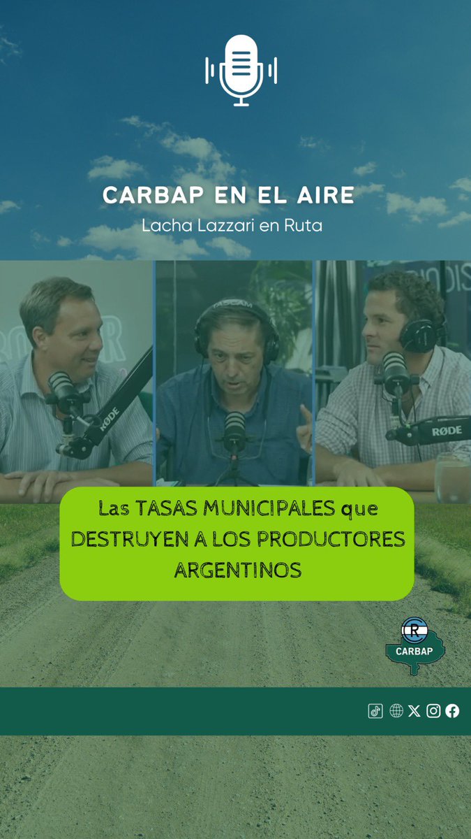 CARBAP_ARG's tweet photo. #CARBAPenElAire

Lacha Lazzari entrevistó a Ignacio Kovarsky, presidente de CARBAP, y a Pablo Ginestet, secretario.
Tema a tratar las TASAS MUNICIPALES

https://t.co/igHwaTTvHg

📌Cuánto cobran?
📌Por qué lo hacen?
📌Cumplen con lo que prometen?
📌Cómo impacta en la producción?

👉 Entrá a ver la entrevista completa y conocé cómo estas tasas influyen en la economía rural y, en definitiva, en todo el país.

💬 Sabés cuánto te cobran los municipios?

@kovavete 
@pabloginestet
@lacha 

#SomosCARBAP #CampoArgentino #TasasMunicipales #ProducciónRural #Ganadería #Municipios #Impuestos
