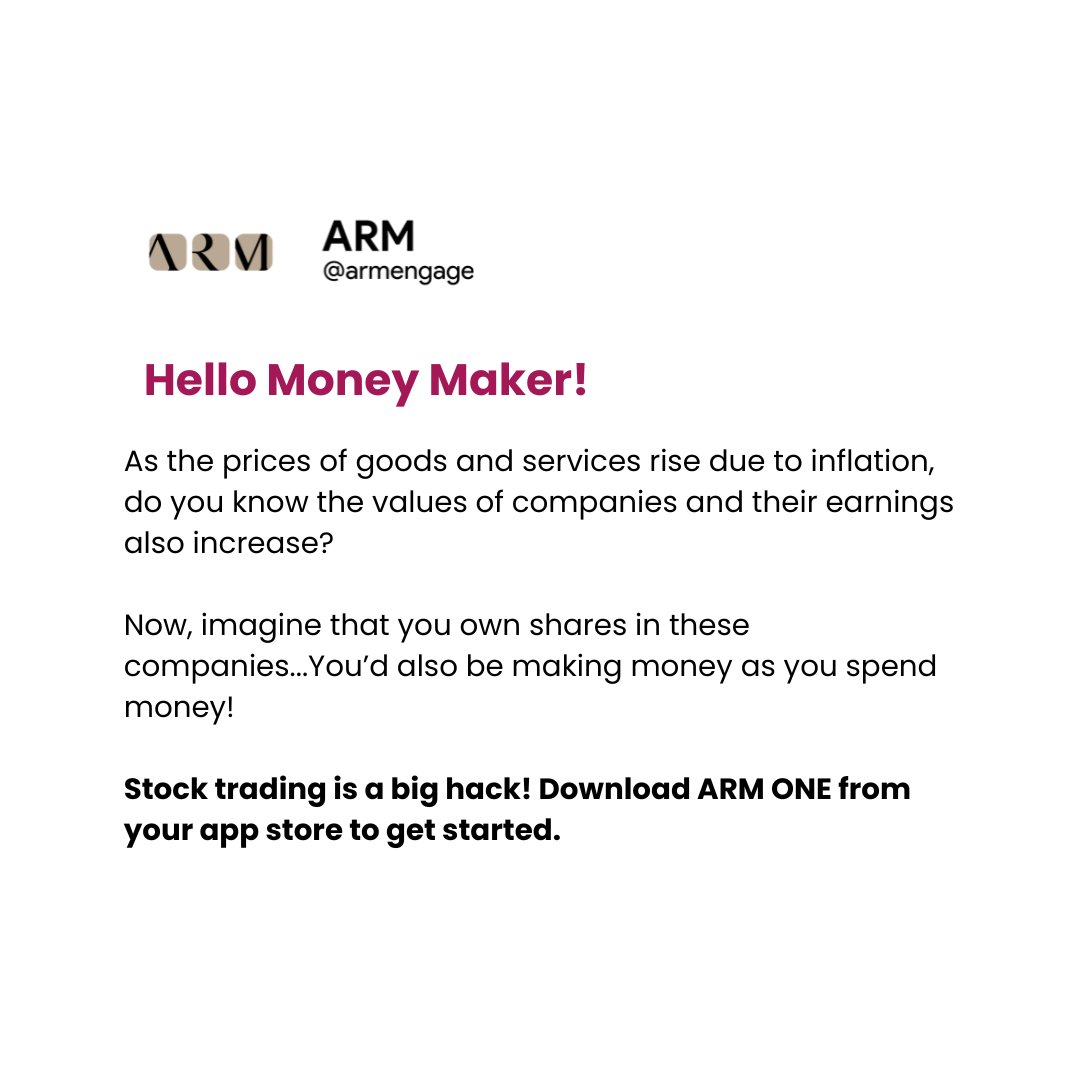 armengage's tweet photo. Every time you buy goods and services, someone is earning.
What if that someone was you?

Own shares. Earn from the companies you already support. Download ARM ONE on Google Play store or App store today.

#ARMSecurities #InvestedInYourTomorrow #StockTrading https://t.co/RWz6af1hj4