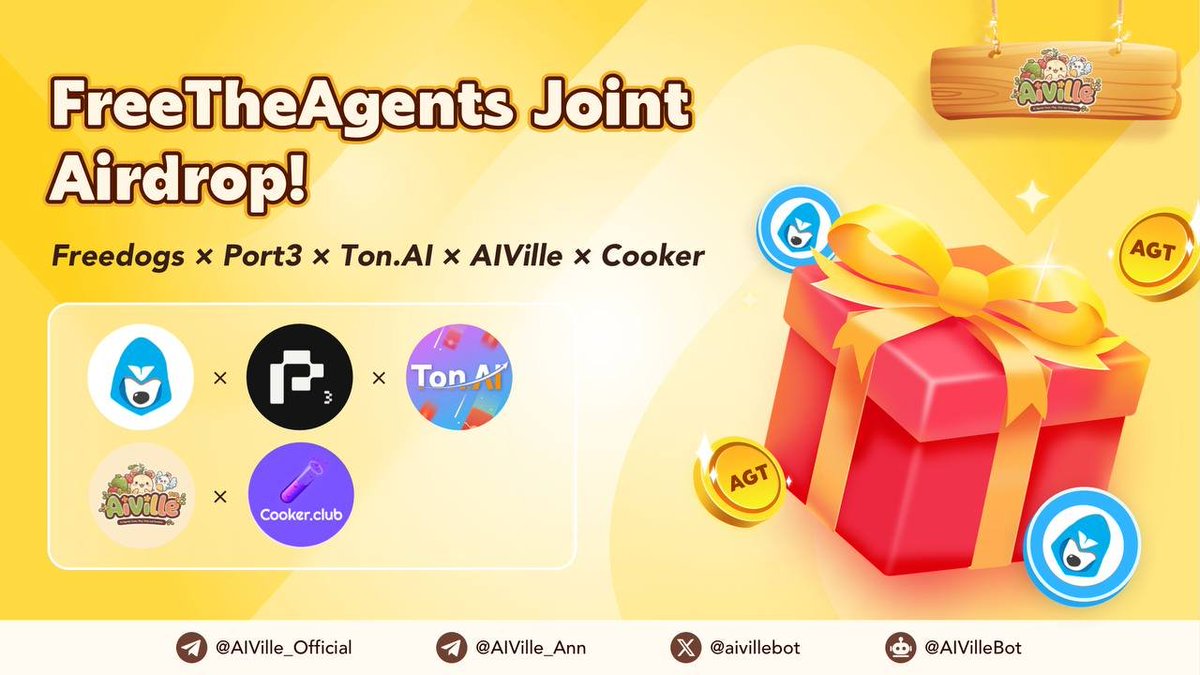 AIVilleWorld (@aivillebot) on Twitter photo #FreeTheAgents Airdrop Week🚀Claim $FREEDOG & $AGT in One Click!
To celebrate $FREEDOG listing on April 15 at 12:00 PM (UTC)🚀
<a href="/GooduckOfficial/">Gooduck</a> ,<a href="/Port3Network/">Port3 Network</a> , <a href="/Ton_AI_Official/">Ads3 (formerly Ton.AI)</a> ,<a href="/aivillebot/">AIVilleWorld</a> , and <a href="/cookerdotclub/">cooker_club</a> are joining forces 🐶
Supercharging the $FREEDOG launch with a #FreeTheAgents Airdrop Week🚀Claim $FREEDOG & $AGT in One Click!
To celebrate $FREEDOG listing on April 15 at 12:00 PM (UTC)🚀
<a href="/GooduckOfficial/">Gooduck</a> ,<a href="/Port3Network/">Port3 Network</a> , <a href="/Ton_AI_Official/">Ads3 (formerly Ton.AI)</a> ,<a href="/aivillebot/">AIVilleWorld</a> , and <a href="/cookerdotclub/">cooker_club</a> are joining forces 🐶
Supercharging the $FREEDOG launch with a