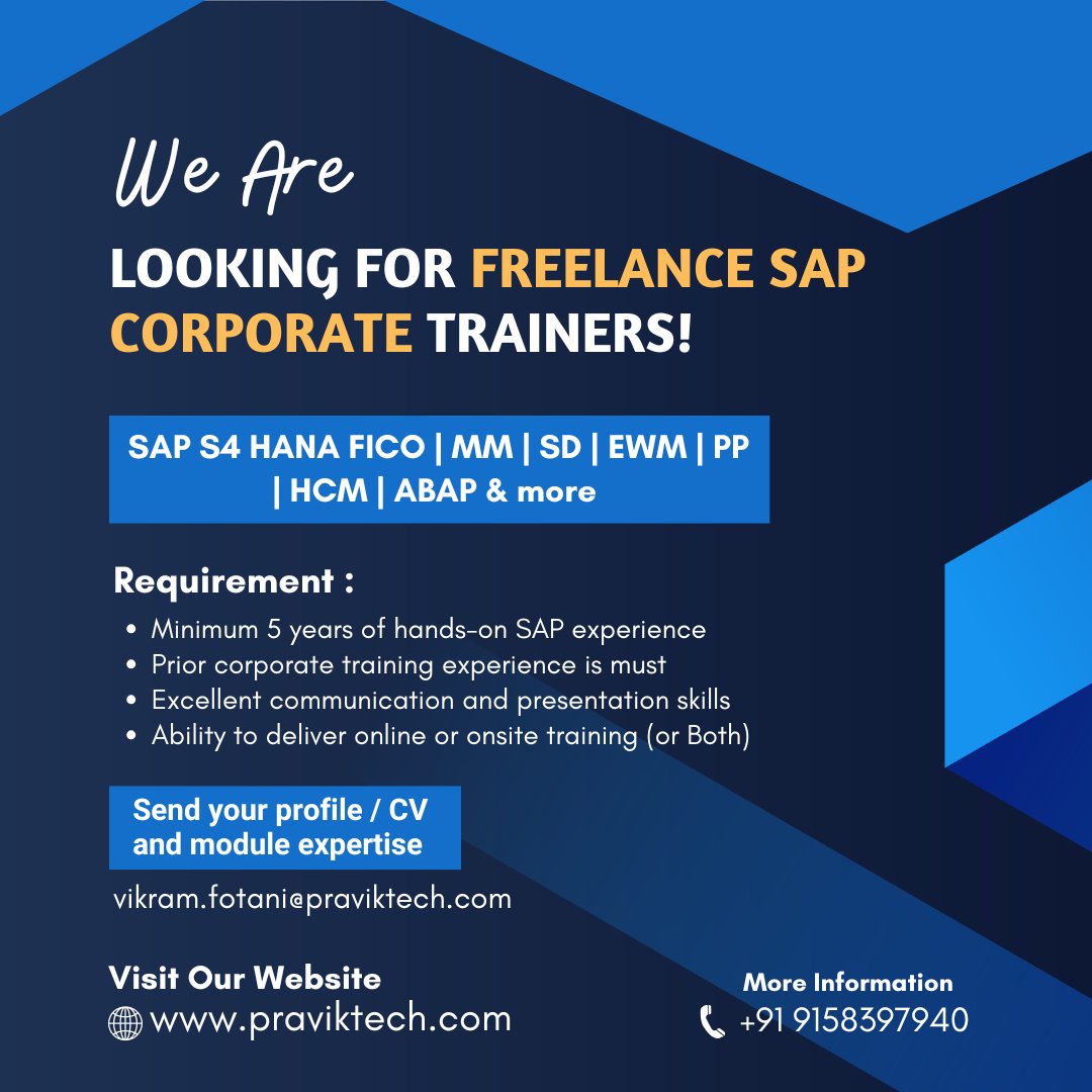 saphanacourses's tweet image. We’re looking for Freelance SAP Corporate Trainers!

We are looking for experts in:
✅ SAP FICO
✅ SAP MM
✅ SAP SD
✅ SAP S/4 HANA
✅ SAP EWM, PP, HCM, ABAP &amp;amp; more

Interested? Send your profile/CV and module expertise to:  vikram.fotani@praviktech.com

#SAPTrainer #SAPCorporate