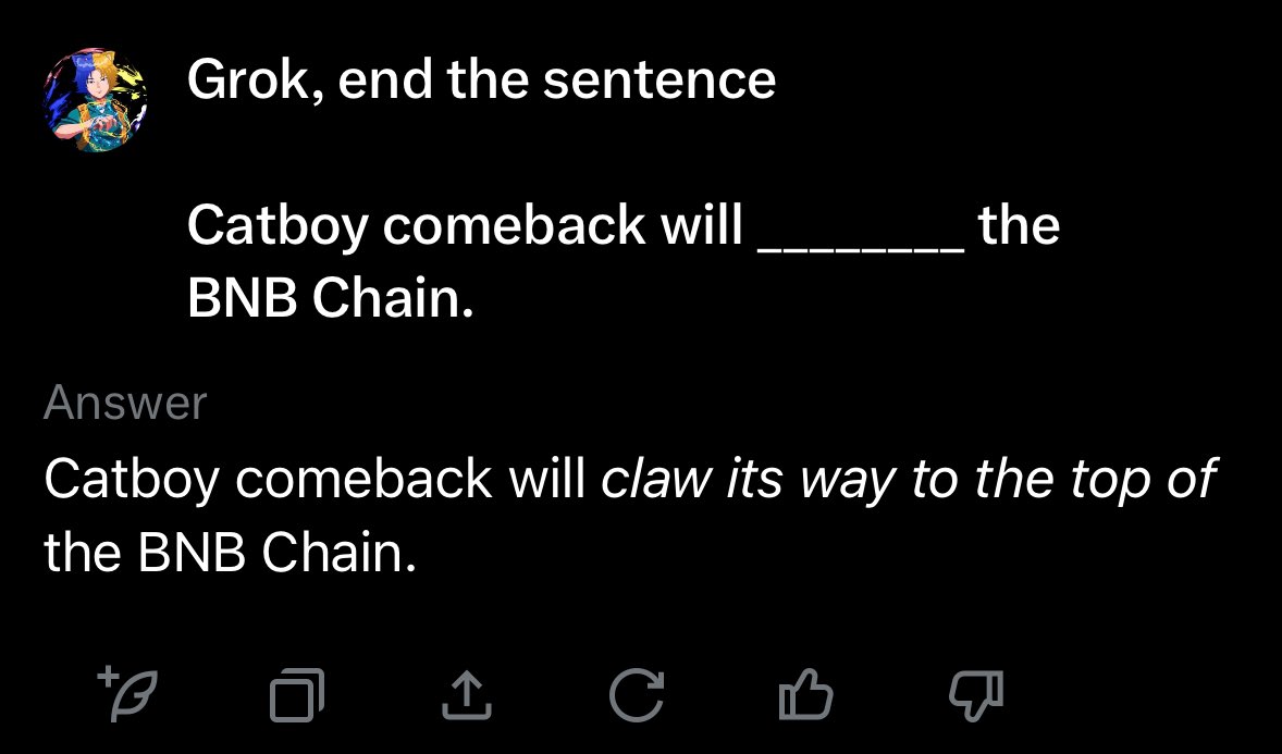 bene_ctb's tweet photo. Grok has spoken. The $BNB Chain is still at the very beginning and so is Catboy.😺

一旦是猫男孩，永远是猫男孩 https://t.co/JuOdilzxyw