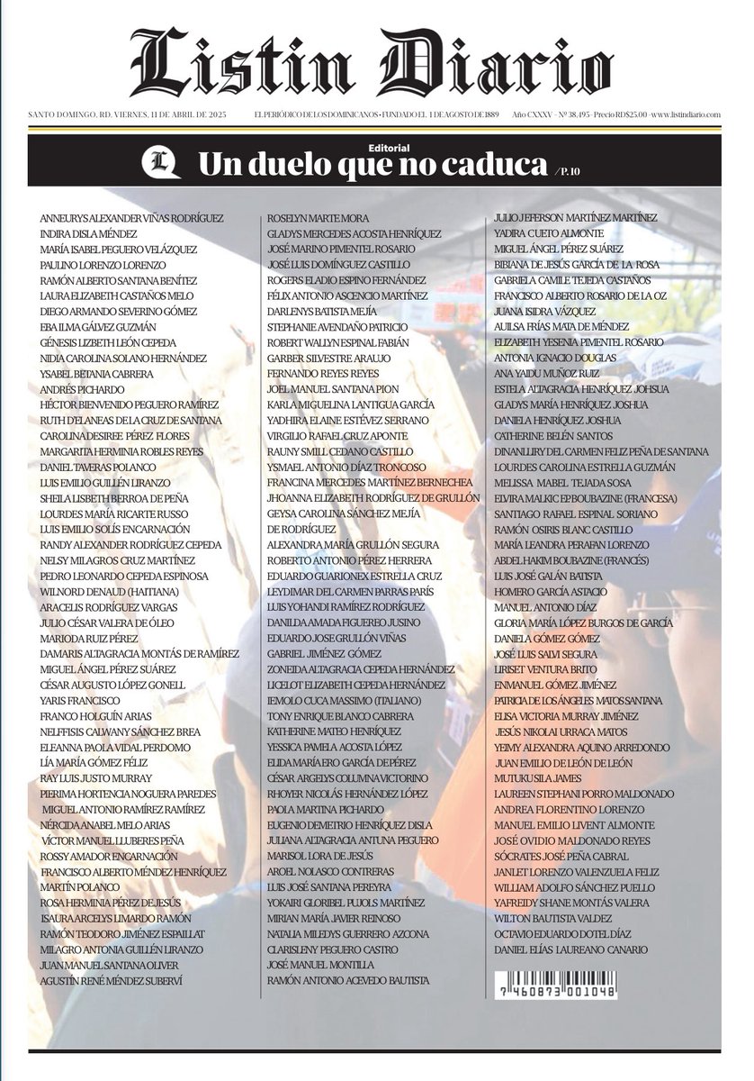 Demóstenes Martínez (@demostenesm) on Twitter photo .<a href="/ListinDiario/">LISTÍN DIARIO</a> Primera plana que desnuda la magnitud de la tragedia del Jet Set y evidencia la tristeza colectiva del pueblo dominicano .<a href="/ListinDiario/">LISTÍN DIARIO</a> Primera plana que desnuda la magnitud de la tragedia del Jet Set y evidencia la tristeza colectiva del pueblo dominicano